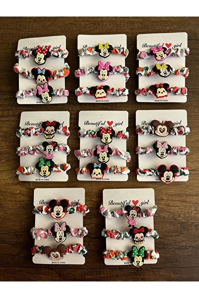 gülümse gel Kız Çocuk 1 Kart 3'lü MiniMaus MikiMaus Figürlü Lastik Toka Kumaş