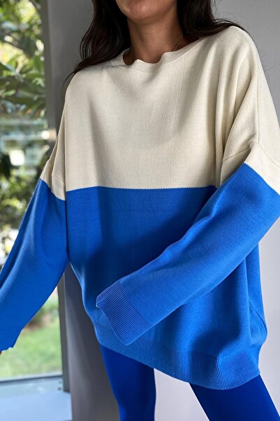Perryes Women's Crew Neck Double Color Oversized Sweater Blue