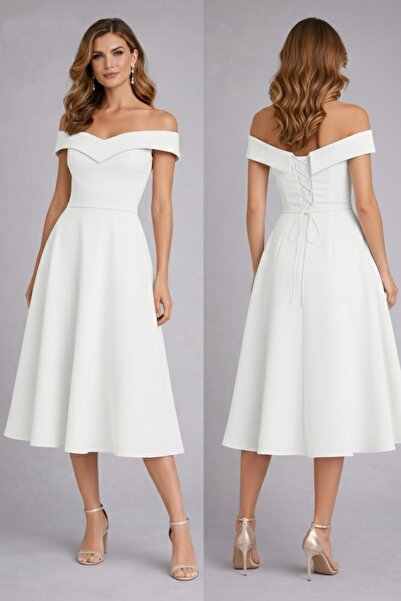 Şayse Design Kadın Kayık Yaka Midi Elbise/Sırtı Bağcıklı Belden Oturtmalı Şık...