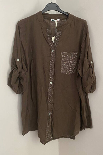 AYASOFYA OTANTIK Women's Italian Brown Collared Shirt with Sequin Detail, Poc...