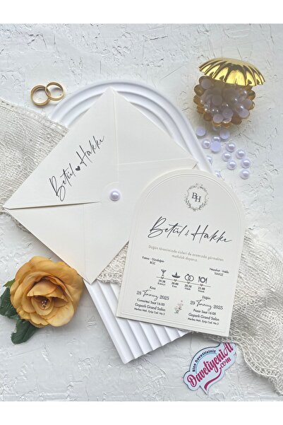 DavetiyeniAl Kubbe Tasarımlı, İncili, Krem Renkli Davetiye, 13x18cm Boyutunda...