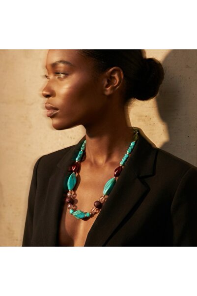 COCOSH TAKI Turquoise Stone Brown and Gold Detailed Bohemian Design Necklace