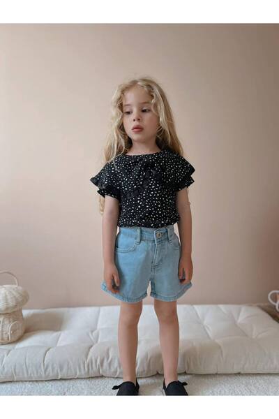 Jolly Kids Girl's Black Leopard Print Denim Shorts Set