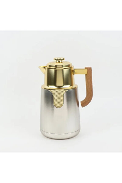 Generic Matte Gold and Silver Thermos Flask with Wooden Handle - 1 Liter