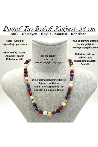 YILDIZ DOĞAL TAŞ Certified Natural Stone Baby Necklace Amethyst Obsidian Agat...