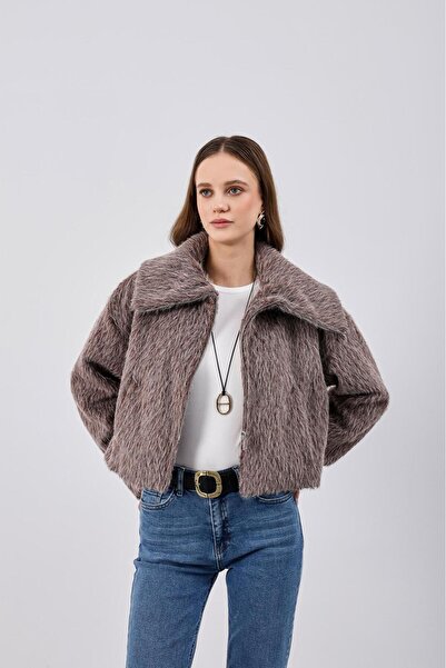 CELITA Women's Woolen Fox Collar Cashmere Zippered Coat