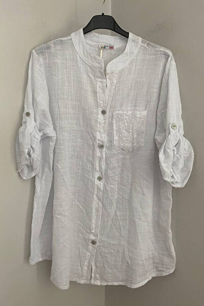 AYASOFYA OTANTIK Women's Italian White Collared Shirt with Sequin Detail, Poc...