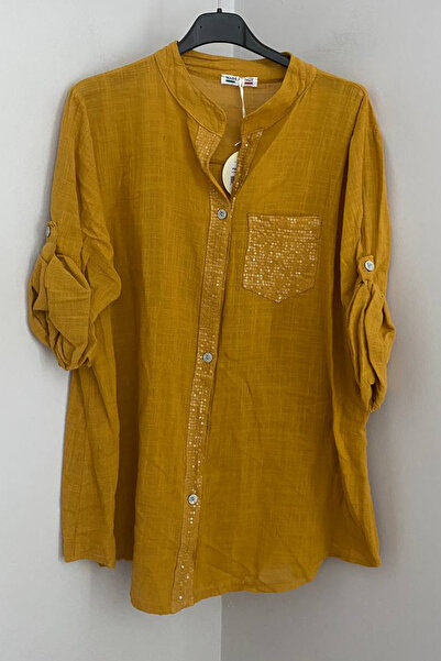 AYASOFYA OTANTIK Women's Italian Saffron Collared Shirt with Sequin Detail, P...