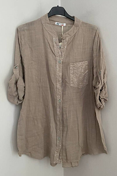 AYASOFYA OTANTIK Women's Italian Beige Collared Shirt with Sequin Detail, Poc...