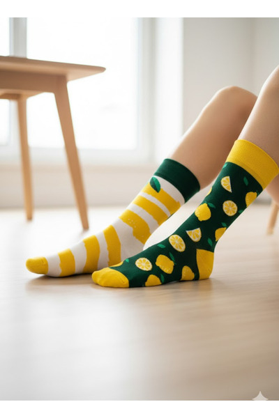 CARNAVAL SOCKS Sağ Sol Farklı Limon Desenli Soket Çorap – Eğlenceli Desen, 36...
