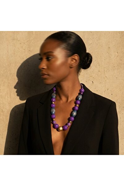 COCOSH TAKI Purple Blue Afghan Large Wooden Bead Gold Detailed Design Necklace