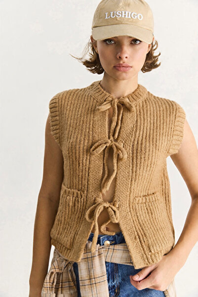 LUSHİGO Women's Front Tie Soft Textured Sweater Knitwear Vest Women0090