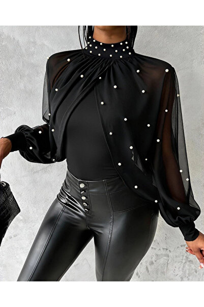 nedo7 Women's Turtleneck Pearl Cape Imported Crepe Blouse