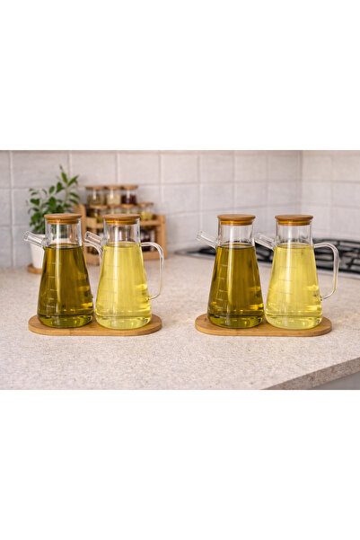 NZR 4'lü 900 ml Bambu Kapaklı ve Altlıklı Borosilikat Cam Yağdanlık, Isıya Da...