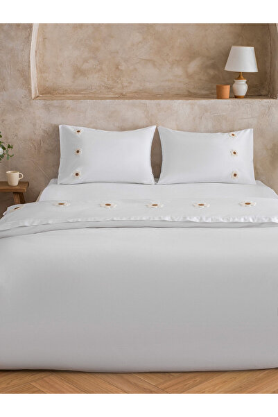 LC Waikiki White Floral Embroidered Double Duvet Cover Set 100% Cotton