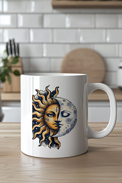 YasBey DESIGN Güneş ve Ay Temalı 330ml Baskılı Beyaz Seramik Kupa Bardak