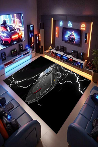 Reyhani Kara Şimşek Kaymaz Taban Makinede Yıkanabilir Çocuk Gamıng Halısı Yat...