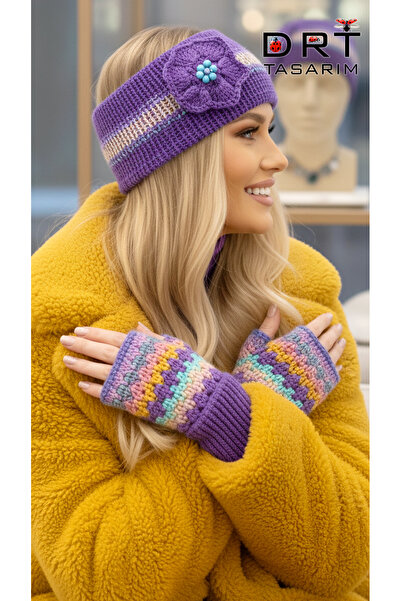 drt tasarım Purple Batik Artisan Hair Band Fingerless Gloves Set