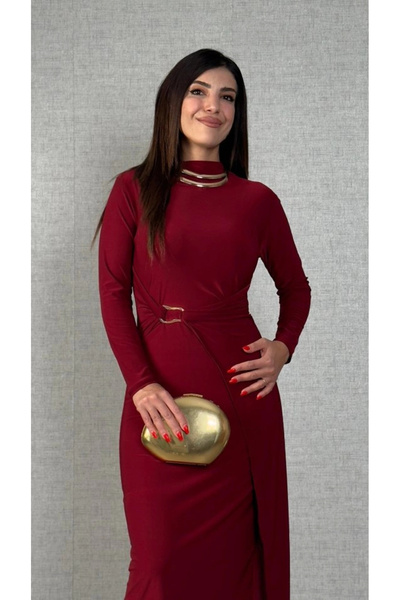 nedo7 Women's Turtleneck Buckle Detail Sandy Fabric Midi Length Dress