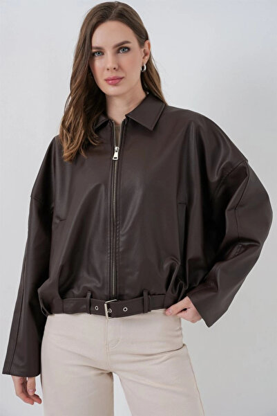 nedo7 Belt Detailed Leather Jacket 1056 - Brown