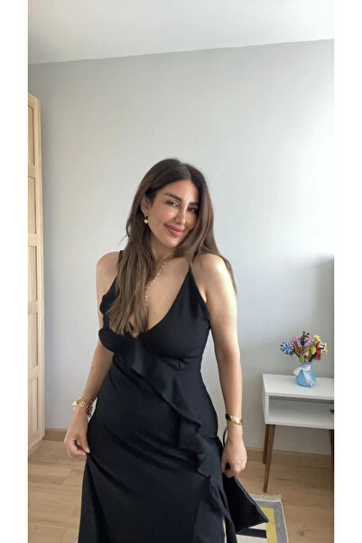 nedo7 Women's Rope Strap Low-Cut Slit Detail Crepe Dress