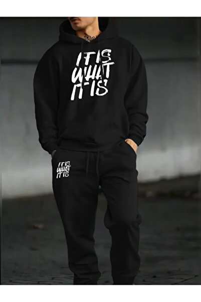 WOODROFFE Men's Its Whats Its Ba Printed Lt Top Hooded Black Tracksuit Set Ov...