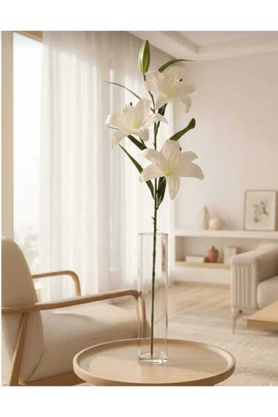 ENRUFLORA Yapay 3 Kafalı Beyaz Lilyum Çiçeği 90 cm Salon Balkon Bahçe Dekor A...