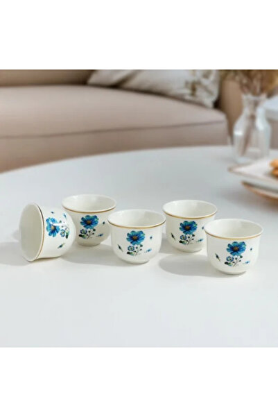 New Flower Blue Rose Decorated Porcelain Coffee Cup Set - 10 Pieces