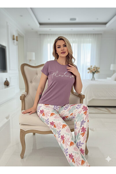 Sude Lila Yumuşak Dokulu Kısa Kollu LİLA Renkli Koton Pijama takımı