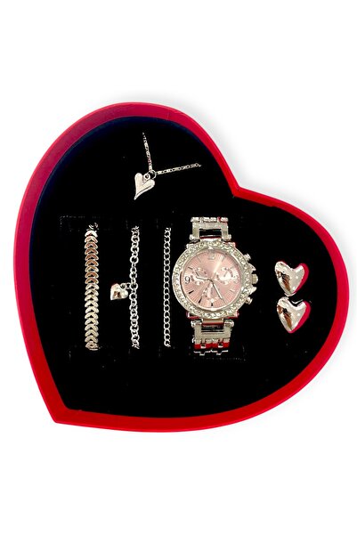 Tisaati Özel Tasarım Kalpli Kutulu Kalpli Bileklikli ve Kolyeli Taşlı Lüks Se...
