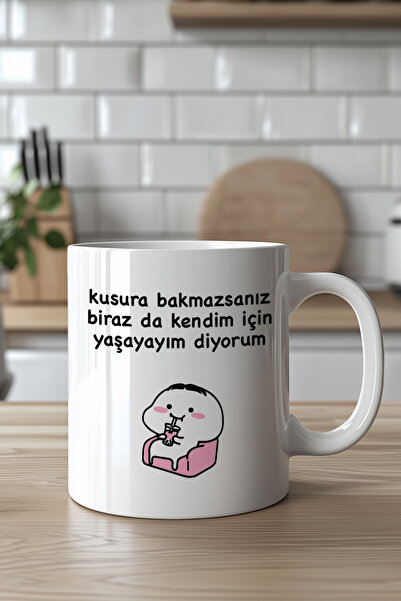 YasBey DESIGN Mizahi Yazılı Sevimli Tasarımlı 330ml Baskılı Beyaz Porselen Ku...
