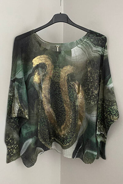 AYASOFYA OTANTIK Women's Italian Military Green Gilded Symbol Bat Sleeve Merc...