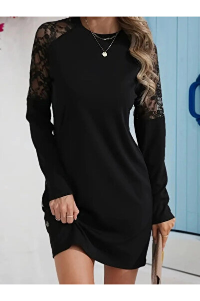 nedo7 Women's Long Sleeve Crew Neck Lace Detail Visk8N Two Thread Button Mini...