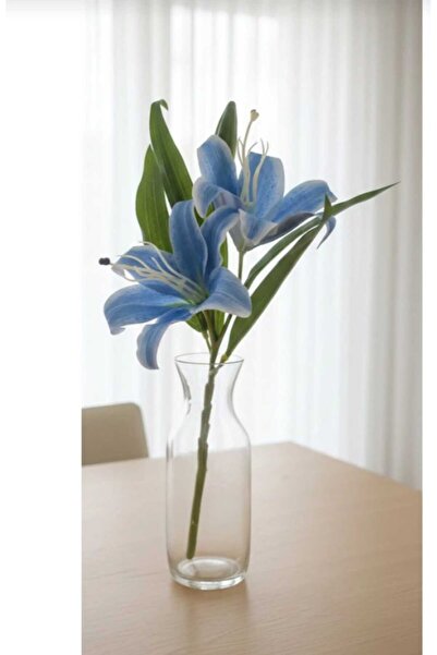 ENRUFLORA Yapay 2 Kafalı Mavi Rengi Lilyum Çiçeği 39 cm Salon Balkon Bahçe De...