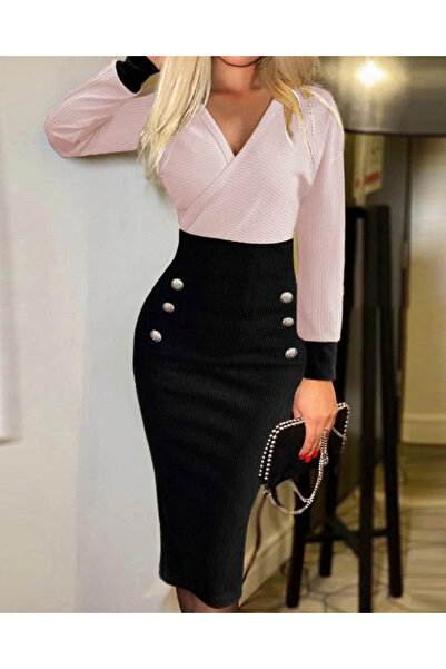 nedo7 فستان نسائي قصير بأكمام طويلة وياقة مزدوجة الصدر وأزرار