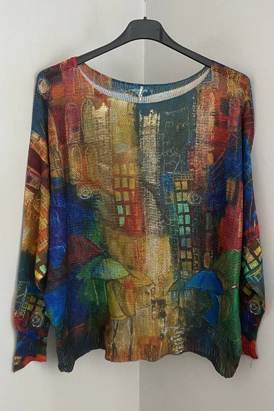 AYASOFYA OTANTIK Women's Italian Multi-Colored Rainy Street Patterned Leaf De...