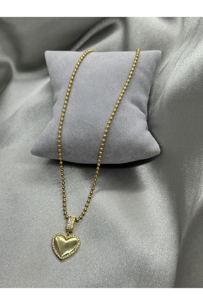 Bade Jewelry Çelik Gold Taşlı Kalp Charm Uçlu Kolye