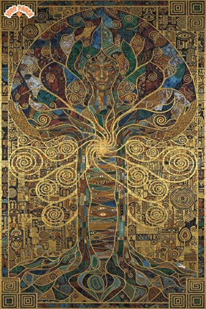 Teona Ahşap Altın Hayat Ağacı Yağlı Boya Görünümlü Çift Katlı Çerçeveli Ahşap...