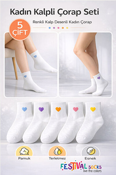 Festival Socks 5 Çift Beyaz Renkli Kalp Desenli Pamuklu Kadın Çorap Seti
