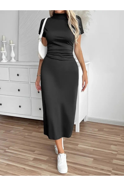 nedo7 Women's Semi Turtleneck Slit Diver Midi Dress