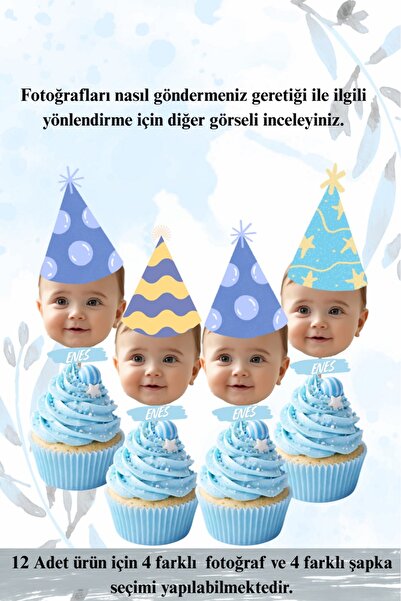 Renkli Düşler Atölyesi 12 Adet Fotoğraflı Cupcake Doğum Günü Süsü - Kişiye Öz...
