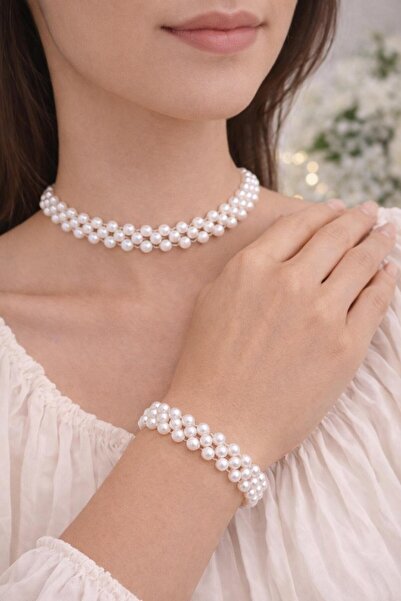 Arescollection el yapımı zarif inci boncuk choker tasma şeklinde kolye bilekl...