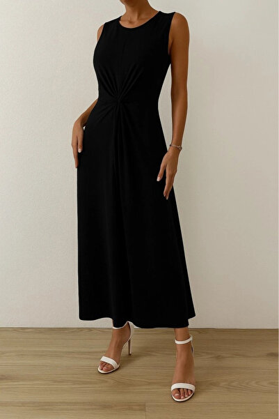 nedo7 Women's Zero Sleeve Crew Neck Side Gathered Viscose Dress