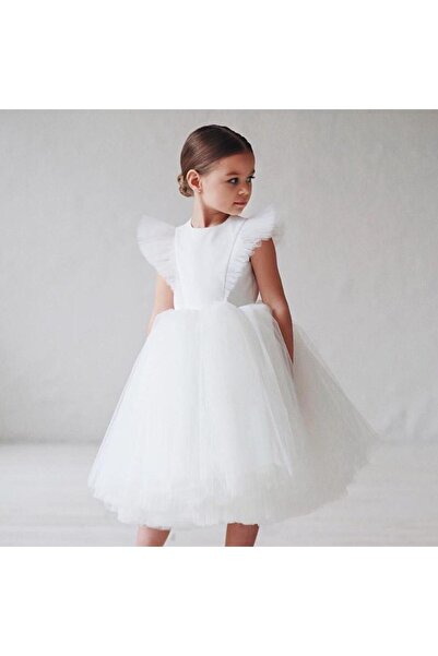 Kids White Tulle Dress with Pearls