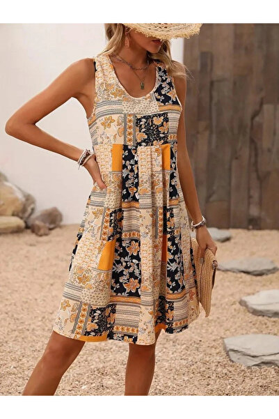 nedo7 Women's Zero Sleeve Round Neck Floral Patterned Single Jersey Dress