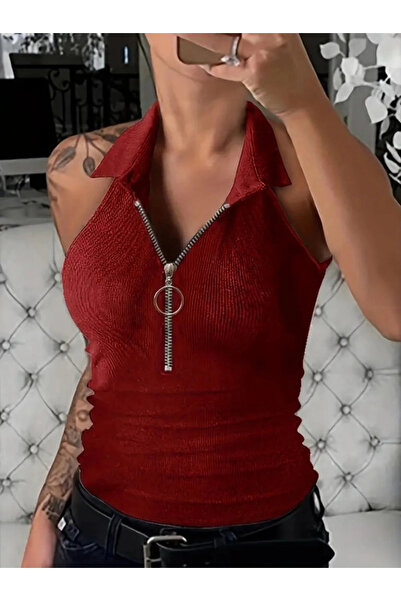 nedo7   Women's Sleeveless Polo Neck Front Zip Camisole Blouse