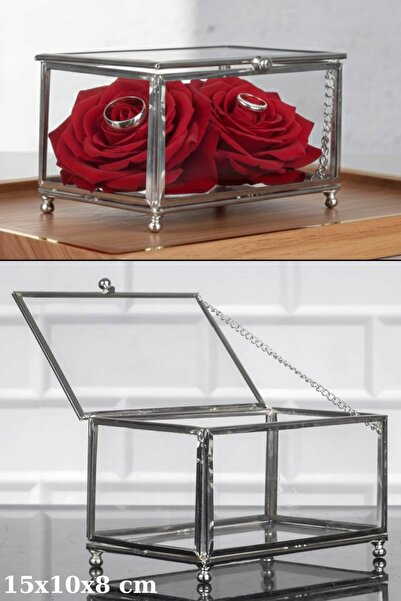 Dantelux Çerçeveli Cam Yüzük Kutusu - Mücevher Kutusu (15x10x8 cm) - Gümüş Renk