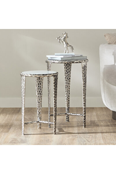 Home Box طقم طاولات جانبية من قطعتين من رخام ريالتو الأصلي - نيكل عتيق