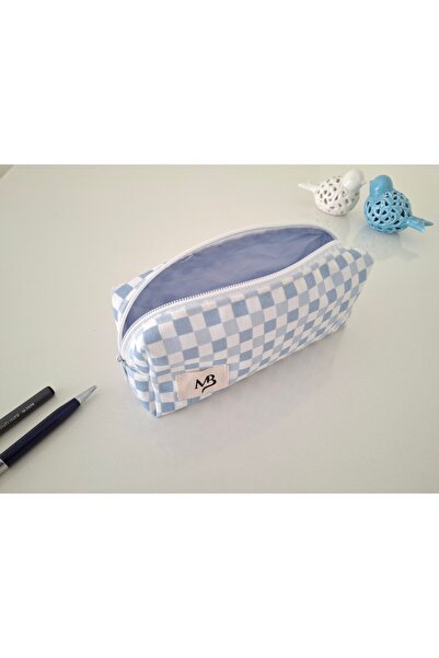 MB mavi dama desenli kalemlik - duck keten - tek bölmeli