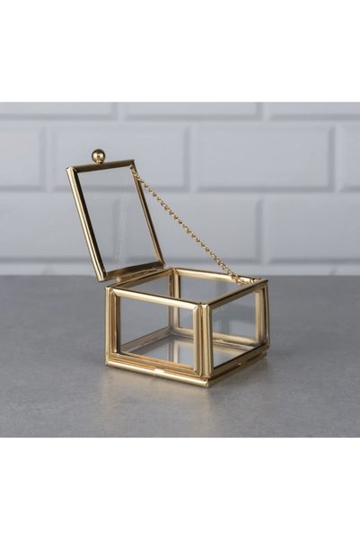 Dantelux Cutie cu inele din sticlă cu cadru - Cutie pentru bijuterii (6x6x4 cm) 1 bucată - Culoare aurie